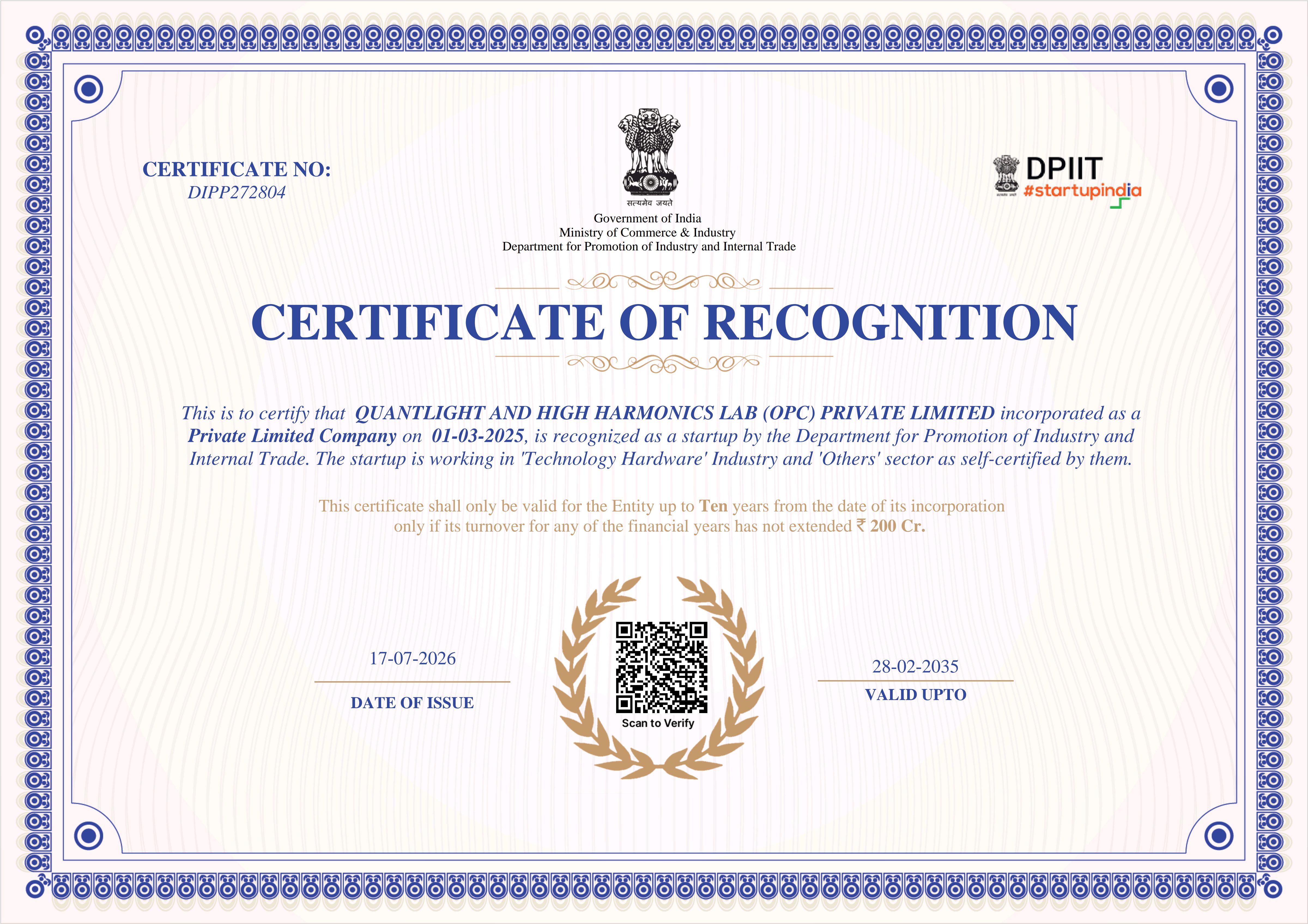Startup india certificate